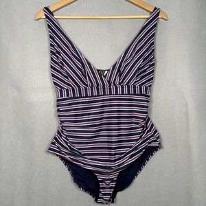 Nip Tuck Swim One Piece Swimsuit Nautical Stripes Deep V Red White Blue
